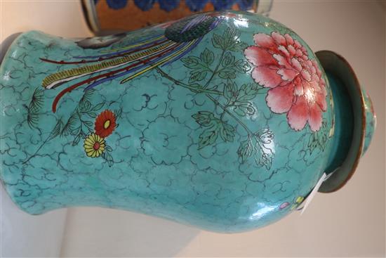 A large Chinese turquoise ground phoenix vase and cover, 18th/19th century, H. 44.5cm, base restored